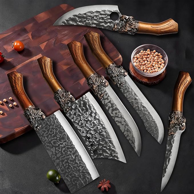 7PCS Butcher Knife Set for Home Kitchen, High Carbon Steel Hand Forged Chef Knives for Butchering, Meat Processing and Cutting, BBQ Cleaver & Bone Chopper, Fillet, Hammered Blade