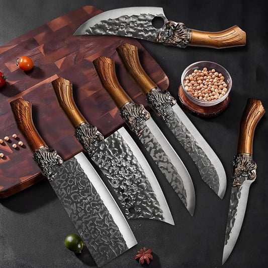 7PCS Butcher Knife Set for Home Kitchen, High Carbon Steel Hand Forged Chef Knives for Butchering, Meat Processing and Cutting, BBQ Cleaver & Bone Chopper, Fillet, Hammered Blade