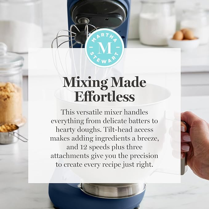 Martha Stewart 5.3Qt Stand Mixer, 12-Speed Tilt-Head Electric Kitchen Mixer with Stainless Steel Bowl, Dough Hook, Whisk & Beater, Splash Guard, Ideal for Baking Bread, Cake & Whipping, Indigo Blue