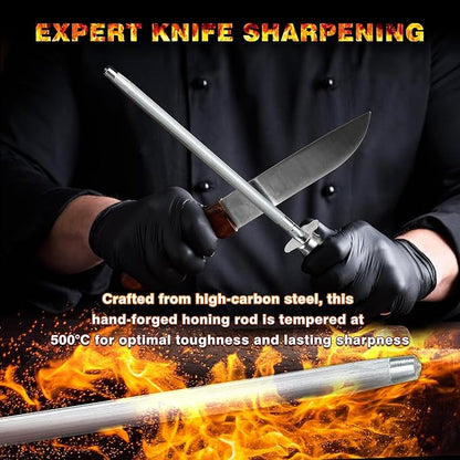 Knife Sharpener Rod, Kitchen Knives Sharpener Carbon Steel Professional Knife Sharpening Steel, Honing Rod with Hanging Holes (13 inches), O