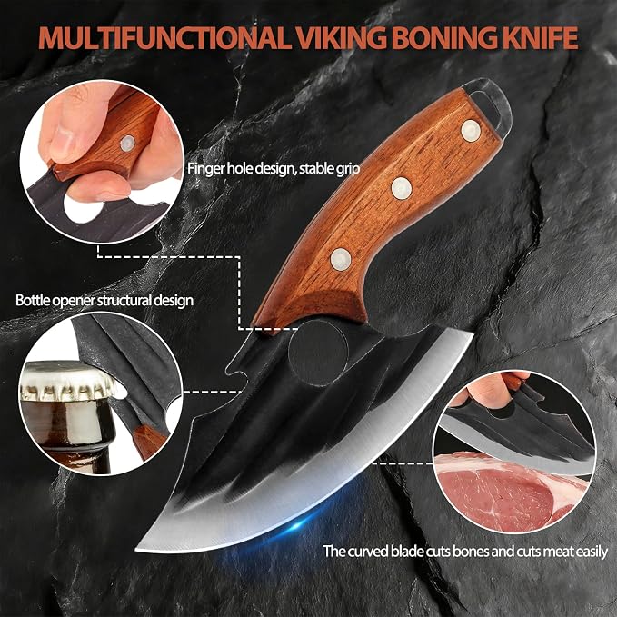 2 Pcs Meat Cleaver Knife Set, Effort Saving Meat Cleaver for Cutting Meat Vegetable, Sharp Carbon Steel Cooking Viking Knife with Leather Sheath for Kitchen, Camping, Outdoor Cooking, BBQ Gift