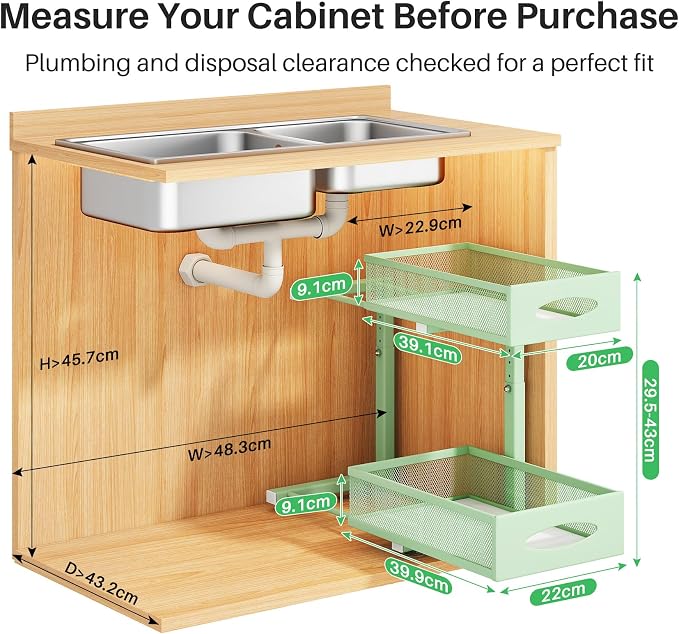 Under Sink Organizer, 2 Tier Pull out Cabinet Organizer Baskets with Mesh Sliding Drawers, Slide out Storage Shelf for Home, Kitchen, Bathroom, Pantry, Office Cabinet(1 Pack, Green)