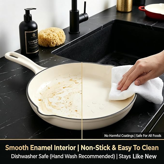 Nonstick Enameled Cast Iron Cookware Set - 8 Piece Pots and Pans with Lid, Frying Pan, Skillet, Dutch Oven Set for All Stovetops, Ideal for Sourdough Bread Baking, Cream White