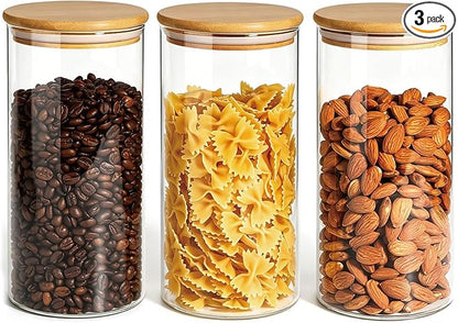 3 Pack 1200 ML / 40 FL Oz Glass Storage Container with Wood Lid, Stackable Clear Decorative Organizer Bottle Canister Pantry Jar with Air Tight Wooden Lid for Food, Coffee, Candy, Sugar, Salt, Tea