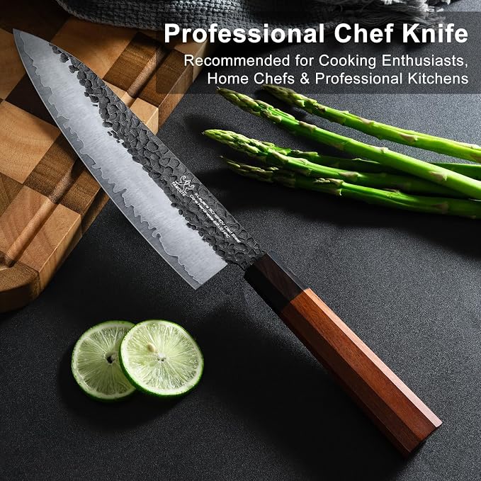 FAMCÜTE 8‘’ Japanese Knife, Hand-Forged Chef Knife with 5-Layer 9CR18MOV HC Steel and Ultra Sharp Non-Slip Rosewood Handle Kitchen Knife, Gift for People Who Love to Cook in Sandalwood Box