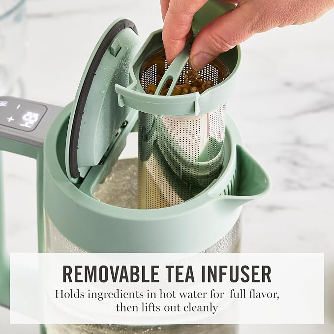 Martha Stewart Electric Kettle with Removable Stainless Steel Tea Infuser, Glass Carafe 1.7L (7 Cups), Hot Water Boiler, 4 Presets, Keep Warm & Auto Shut-Off, Cordless 360° Swivel Base, Honeydew Green