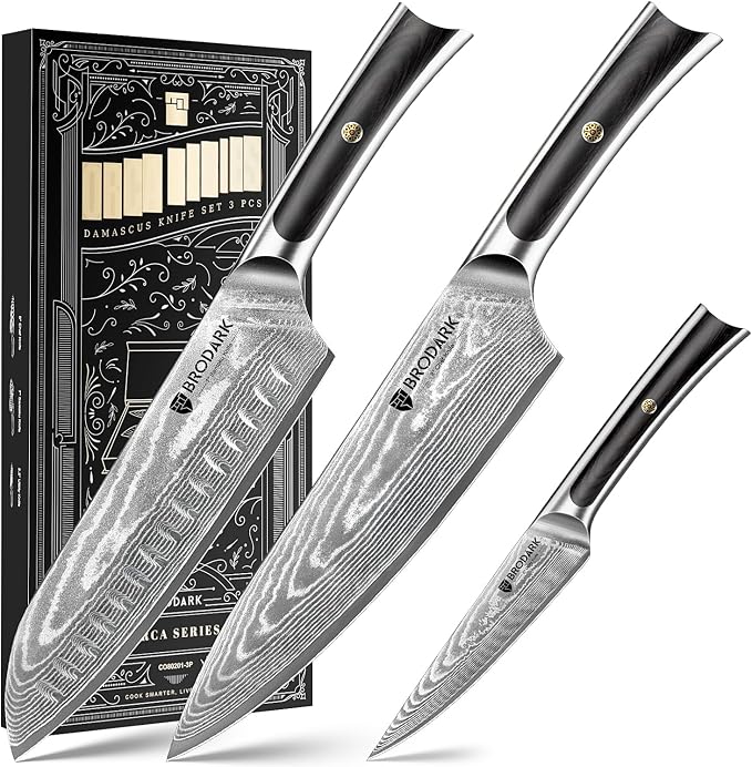 BRODARK Damascus Chef Knife 3 PCS, VG10 Steel Full Tang Sharp Professional Japanese Chef Knife Set for Kitchen, Ergonomic Pakkawood Handle Damascus Knife Set with Gift Box