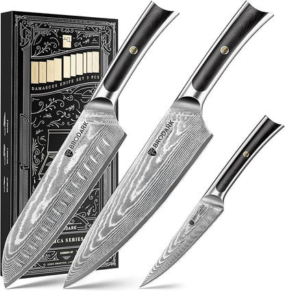 BRODARK Damascus Chef Knife 3 PCS, VG10 Steel Full Tang Sharp Professional Japanese Chef Knife Set for Kitchen, Ergonomic Pakkawood Handle Damascus Knife Set with Gift Box