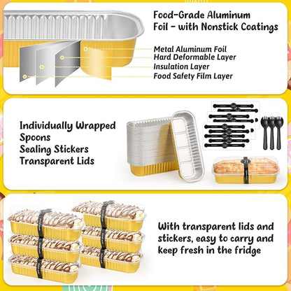 selizo 60 Pack 6.8oz Mini Loaf Baking Cake Pans with Lids, Rectangle Disposable Aluminum Foil Loaf Baking Pans, Small Baking Cake Tins Cup Cake Containers for Individual Cakes (Gold)