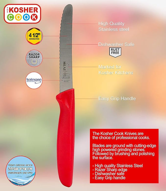 Meat Red Kitchen Knife - 4.5" Steak and Vegetable Knife - Razor Sharp Curved Tip, Serrated Edge - Color Coded Kitchen Tools by The Kosher Cook