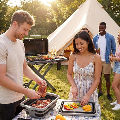 Feasto Collapsible BBQ Prep Tubs with Cutting Board, 9-IN-1, 2 Tubs Portable Grill Prep Station with Side Brackets, Lids, Knives, Meat Claws and Drain Rack, Space-Saving for Kitchen & Camping, Black
