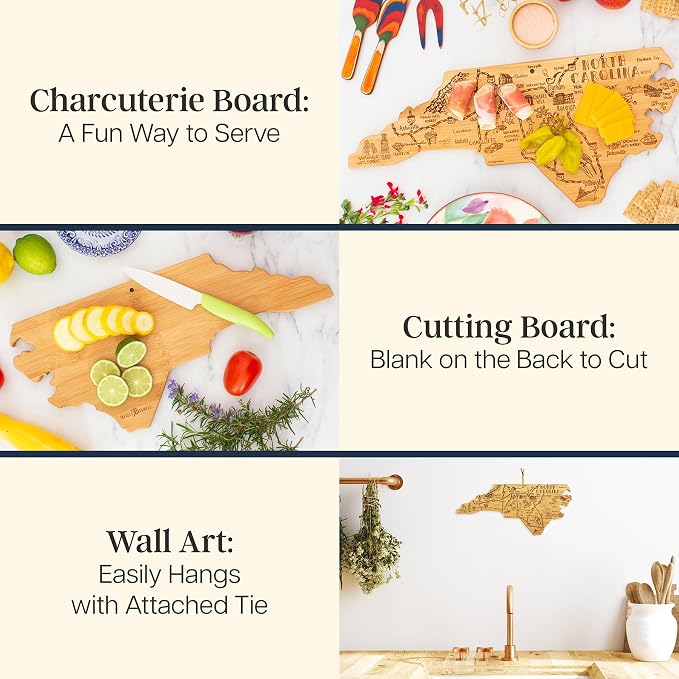 Totally Bamboo Destination North Carolina Shaped Cutting Board – Bamboo Charcuterie and Serving Board with Hang Tie for Wall Display