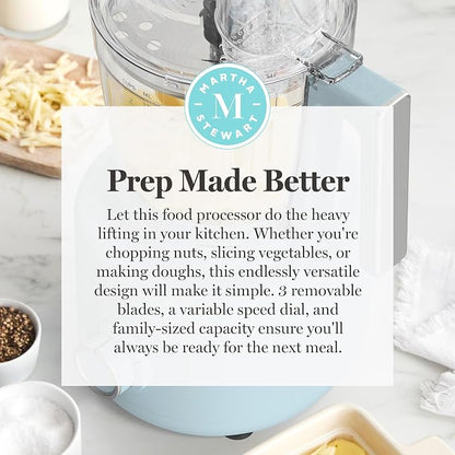 Martha Stewart Food Processor, 10-Cup Electric Chopper for Slicing, Shredding, Mincing and Puree, BPA-Free Twist & Lock Bowl, 3 Multipurpose Blades, Variable Speed Dial, Wide Feed Chute, Sky Blue