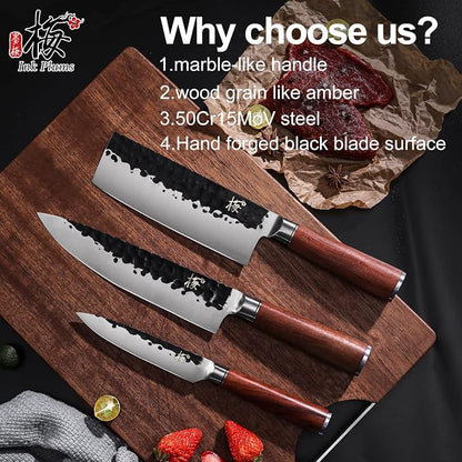 3 Pieces Kitchen Knife Set, Chef Knife, Usuba Knife, Paring knife, Germany High Carbon Stainless Steel Professional Knife, Hand-forged with Brazilian Rosewood, Gift Box