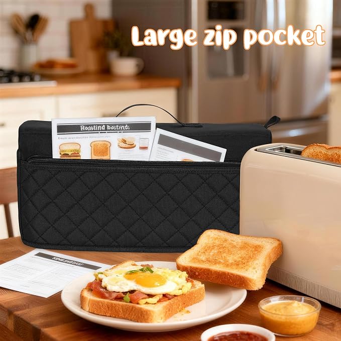 CROTIRAD Cute Slim Toaster Dust Cover Compatible with Bella 2 slice slim toaster, Hanging Thin Bread Maker Cover for Bella with Pockets and Elastic Band, Quilted Black