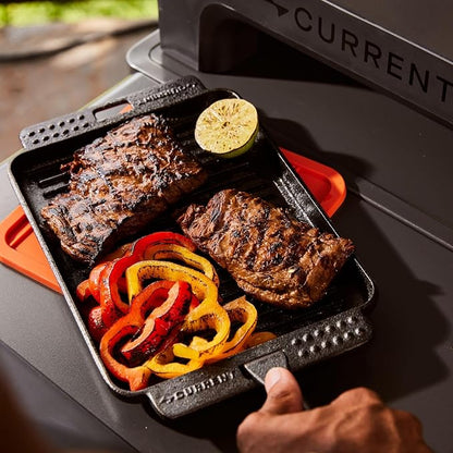 Current® Cast Iron Sizzle Plates 3-Piece Set - Deep Pan, Shallow Pan, Grill Pan with Removable Handle, Pre-Seasoned, Heat Retention, Compatible Model P Pizza Oven