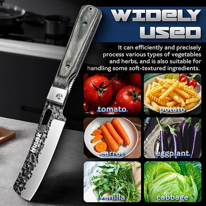 Huusk Folding Chef Knife Set - Japanese Hand Forged Pocket Knife Set - Including Nakiri, Santoku, Bread and Fruit Knives - Gifts for Men and Women