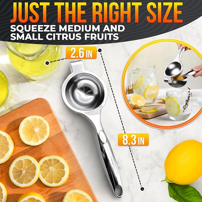 Stainless Steel Lemon Squeezer for Max Juice in Seconds – 8.3"x2.6" Lime Squeezer | Heavy-Duty, Ergonomic Handheld, Juicer for Citrus Juice Extraction for Holiday & Festive Drinks, Great Kitchen Gifts