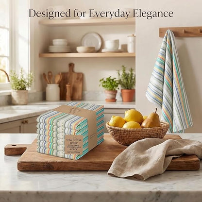Urban Villa Kitchen Towels 100% Cotton Dish Towels for Kitchen(Set of 6)20”x30” Dish Cloths Highly Absorbent Kitchen Linen Set with Hanging Loop Perfect for Drying Dishes Cleaning Towels-Beige Stripes