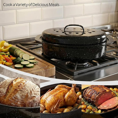 13” Enamel Roaster With Lid Oval Roasting Pan For Oven,Turkey Roaster Pot Broiler Pan Chicken Vegetables Suitable For Dining With Two People High Cookware Small Baking Pan