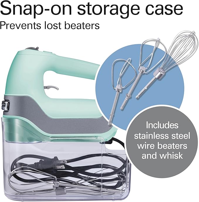 Hamilton Beach Professional 5-Speed Electric Hand Mixer with Snap-On Storage Case, QuickBurst, Stainless Steel Twisted Wire Beaters and Whisk, Mint (62658) (Pack of 2)