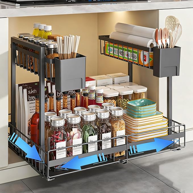 Expandable Pull Out Cabinet Organiser, No Drill Adhesive Slide Out Kitchen Drawer Shelf Durable Metal for Under Sink, Cupboard, Pantry, Adjustable Width (12.8"-19.7")