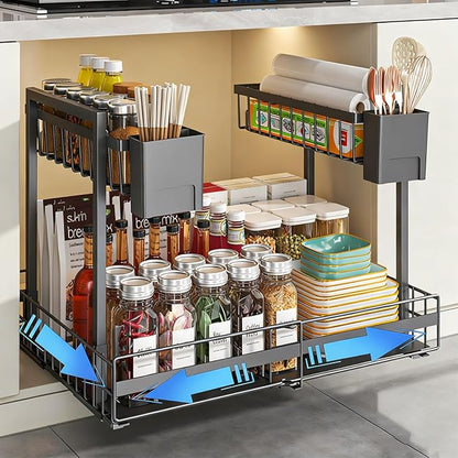 Expandable Pull Out Cabinet Organiser, No Drill Adhesive Slide Out Kitchen Drawer Shelf Durable Metal for Under Sink, Cupboard, Pantry, Adjustable Width (12.8"-19.7")
