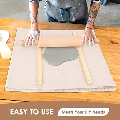 12 Pcs Pottery Tools Set, Include17in Slab Roller for Clay Pottery and 10 Pcs 5 Size Wooden Rolling Pin Guides, 1 Linen Tablecloth for Ceramic Clay Making