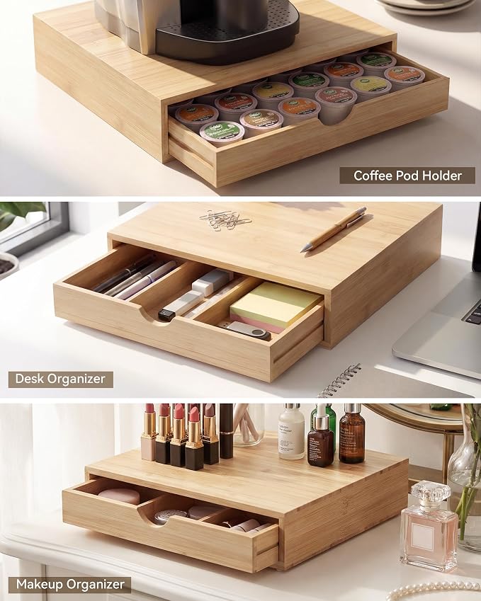 Bamboo Coffee Pod Drawer Organizer Compatible with K-Cups, Under Cabinet Coffee Station Storage Rack, Natural Wood Capsule Holder for 36 Pods, Countertop Coffee Machine Stand