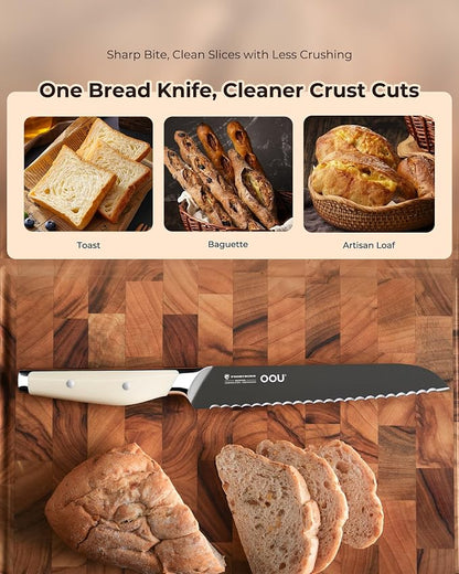 OOU 8 Inch Bread Knife, German 1.4116 Stainless Steel Kitchen Knife, Gunmetal Blade with AgShield & TinSharp Finish, Balanced ABS Handle, Serrated Bread Knife for Clean, Controlled Slicing