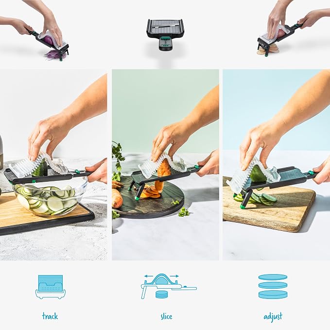 Dreamfarm Nocutu Handheld Safety Mandoline Slicer, Food Vegetable Cutter with Non-Slip Bowl Hook & Foot - Adjustable 1-3mm Slicer, Black/Green