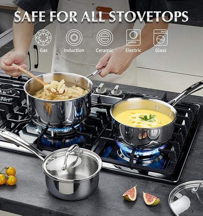 KOCH SYSTEME CS Triply Stainless Steel Saucepan, 3 Quart Stainless Steel Pot with lid, Large Cooking Pot, 3QT Sauce Pan with Stay Cool Handle, Induction Compatible Pot, Oven Safe 600°F