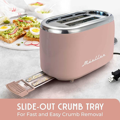 MUELLER HOME Retro Toaster 2 Slice, 7 Browning Levels, 3 Functions (Reheat, Defrost, Cancel), Stainless Steel Features, Removable Crumb Tray, Under Base Cord Storage, Pink Kitchen Accessories Décor