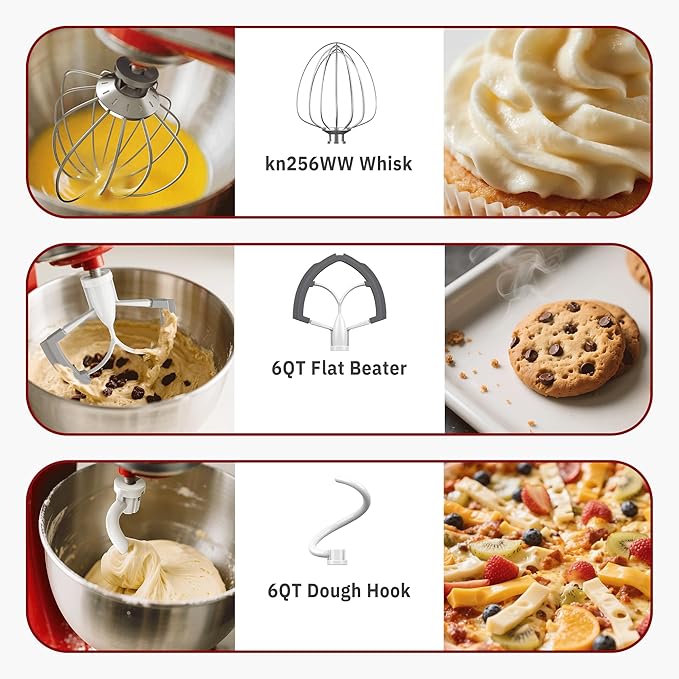 Flex Edge Beater 3Pcs for KitchenAid Mixer Attachments and Accessories Compatible with 6 Quart Lifting Stand Mixers (KN256 6-Wire Whip, 6QT Flat Beater Paddle, 6QT Dough Hook Attachment)