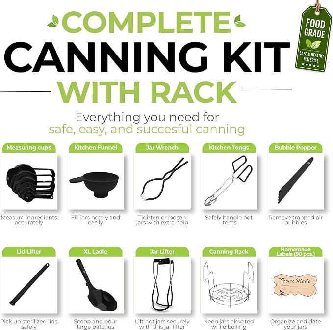 Supa Ant Complete Canning Supplies Starter Kit – 10pc Food-Grade Steel Set with XL Ladle, 6 Measuring Cups, Jar Lifter, Funnel, Canning Rack (7-Jar Capacity) & 90 Labels – Beginner-Friendly, Black