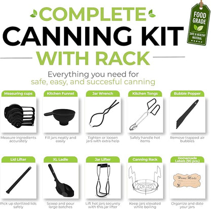 Supa Ant Complete Canning Supplies Starter Kit – 10pc Food-Grade Steel Set with XL Ladle, 6 Measuring Cups, Jar Lifter, Funnel, Canning Rack (7-Jar Capacity) & 90 Labels – Beginner-Friendly, Black