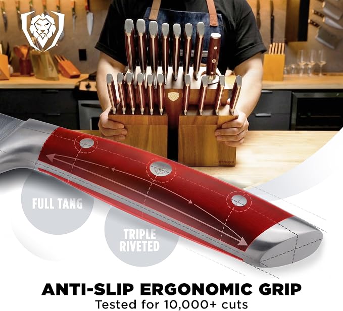 Dalstrong 18-Piece Gladiator Colossal Knife Block Set (Red Handles) — German High-Carbon Steel, Full-Tang, Hand-Sharpened — For Home Chefs, Wedding Registries & Serious Kitchens — Acacia Block, NSF