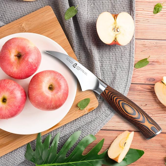 TUO Bird Beak Paring Knife, 2.5 inch Handy Peeling Knife, Curved Small Blade for Fruit & Vegetable, German Stainless Steel, Ergonomic Pakkawood Handle - Fiery Series