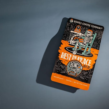 Bones Coffee Company Rest in Peace Decaffeinated Unflavored Coffee, Medium Roast Low Acid Arabica Beans Compatible with Auto drip and French Press Coffee Maker, 12 Oz Ground