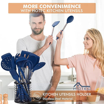 HOTEC 446°F Heat Resistant Silicone Kitchen Utensils, BPA Free Cooking Utensil Set, Spatula Set, Kitchen Gadgets, with Stainless Steel Utensils Holder, Dishwasher Safe, 14pcs Classic Blue