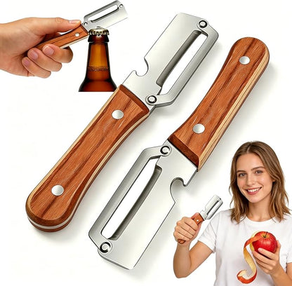 Vegetable Peeler 2 Pack, Multifunctional Stainless Steel Peeler with Wooden Handle and Bottle Opener - 2 in 1 Ultra Sharp Kitchen Tool for Fruit, Veggie, Carrot & Papaya