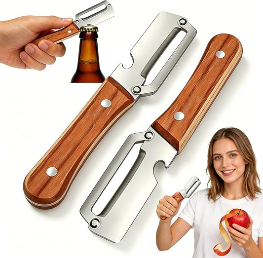Vegetable Peeler 2 Pack, Multifunctional Stainless Steel Peeler with Wooden Handle and Bottle Opener - 2 in 1 Ultra Sharp Kitchen Tool for Fruit, Veggie, Carrot & Papaya
