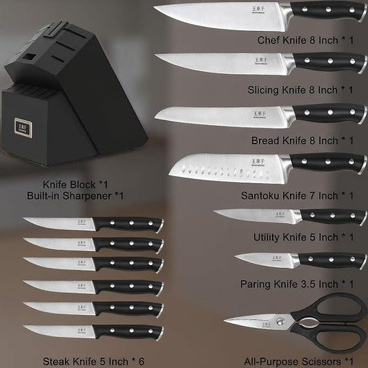 WANGMAZI 15 Pcs Knife Set with Block, High Carbon Stainless Steel Knife Block Set, Built-in Sharpener Block, Dishwasher Safe Kitchen Knife Set, Ergonomic Anti-Slip Handle, Black Pro