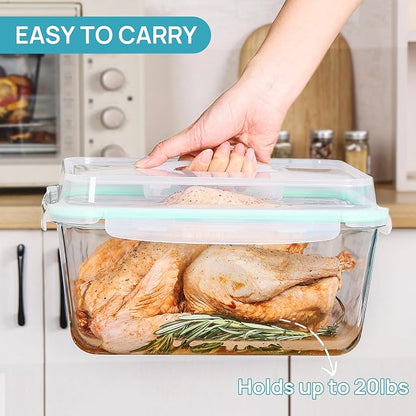 Vtopmart 220oz + 76.4oz Extra Large Glass Storage Containers Set, Meal Prep Food Container Sets with Snap Airtight Lids for Roasting Turkey, Rotisserie Chicken, Baking, Watermelon Storage, BPA Free