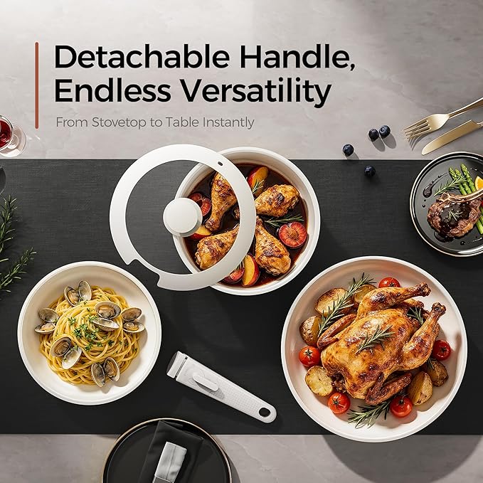 5PCS Pots and Pans Set Non Stick, Diamond-Titanium Ceramic Cookware Set & 3 Layer Stainless Steel with Detachable Handle, Induction Cookware, Non Toxic Oven/Dishwasher Safe, White