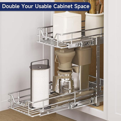 2-Tier Pull Out Cabinet Organizer, 7.5" W x 21.5" D, Heavy Duty Dual Slide Out Shelves for Narrow Base Cabinets, Chrome Wire Basket Drawer for Spices, Bottles & Snacks