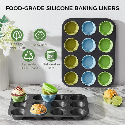 HONGBAKE Non-Stick Muffin Pans, Cupcake Pan with Silicone Baking Cups, 2 Pack Non toxic Healthy Muffin tin, Heavy duty-Dark Grey