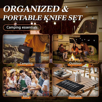 Huusk Serbian Chef Knife Set - 6Pcs Hand Forged Butcher Knife Set for Meat Cutting, Viking Boning Knives with Bag for Kitchen Outdoor BBQ Camping, Birthday Gift Idea Men