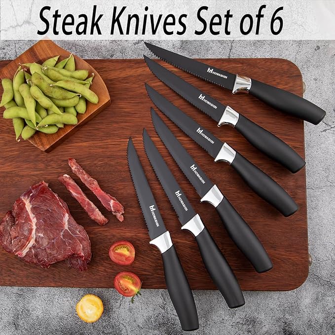 Black Knife Set, Howashin 15 Pieces Knife Sets for Kitchen with Block, Dishwasher Safe Kitchen Knife Set with Sharpener, German Stainless Steel Black Knife Block Set