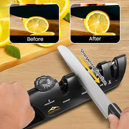Knife Sharpener, Adjustable Angle 4-in-1 Kitchen Knife Sharpener, 3-Stage Coarse Sharpen Fine with Scissors Slot, Non-Slip Base Ergonomic Handle for Household Knives and Scissors